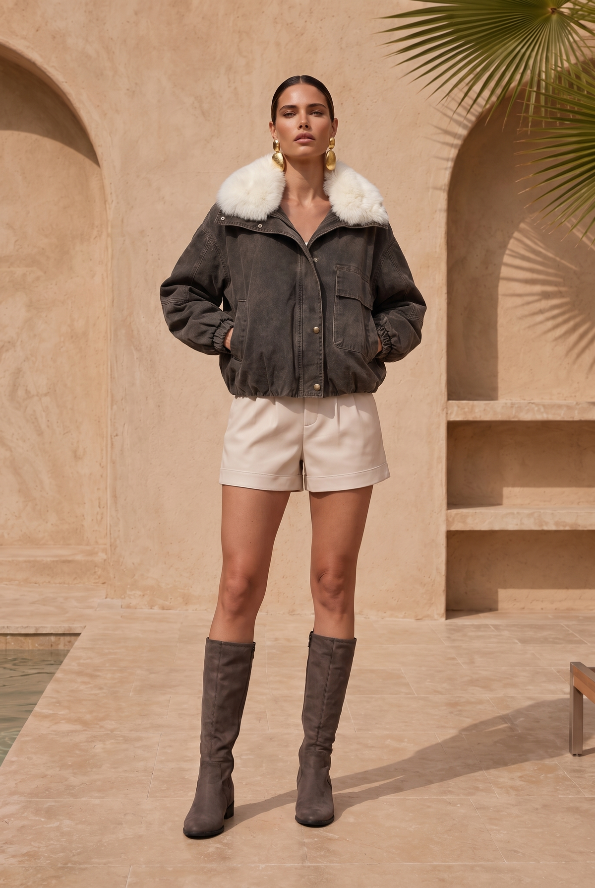 The Cold Shoulder Denim Goose Down Jacket in Brown