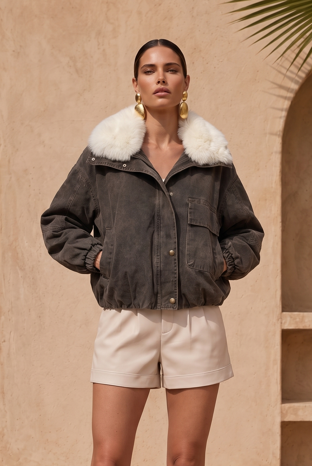 The Cold Shoulder Denim Goose Down Jacket in Brown