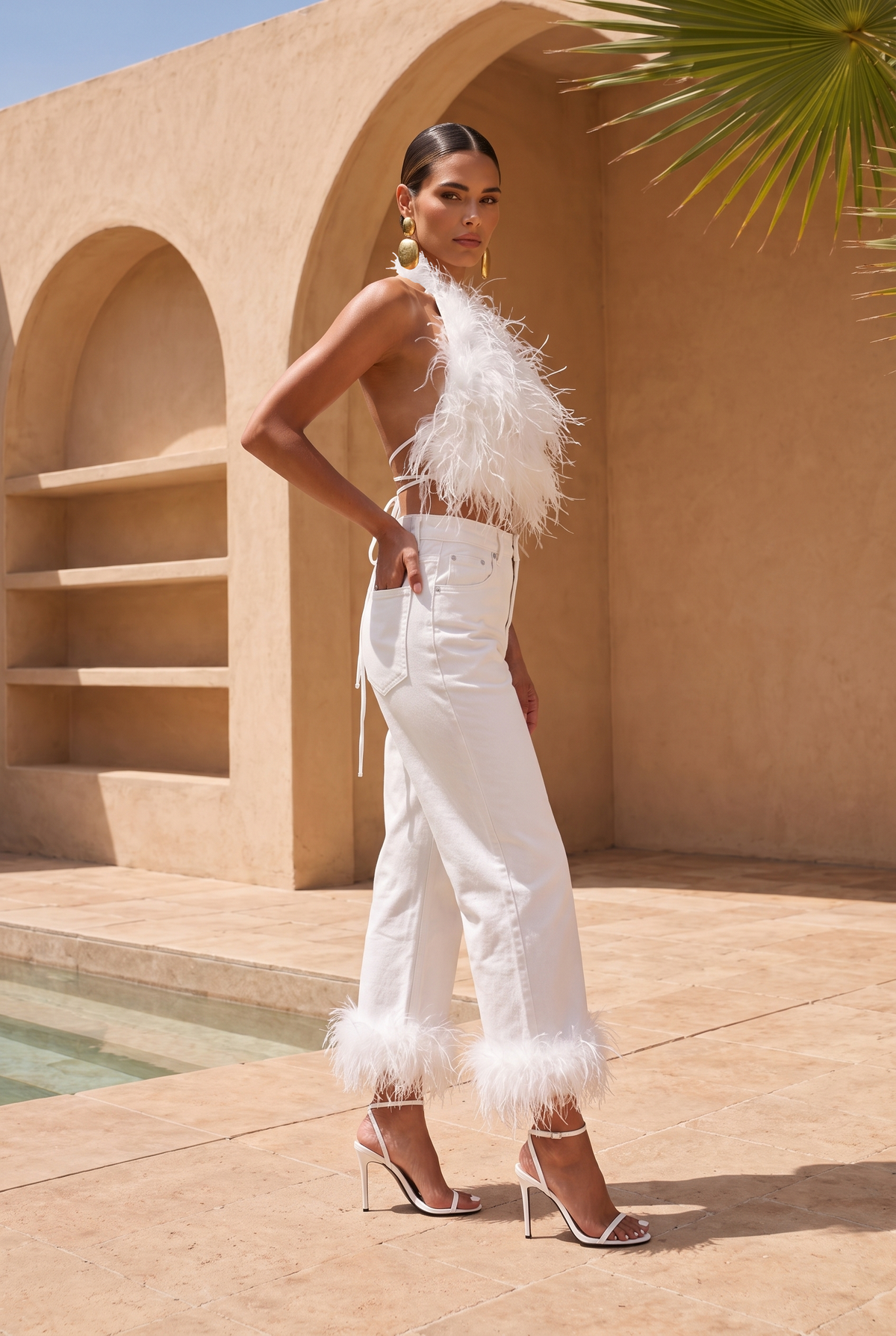 Attention is Yours Ostrich Feather Halter Top in White