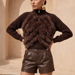 The On My Terms Fur Accent Zip Sweater in Brown