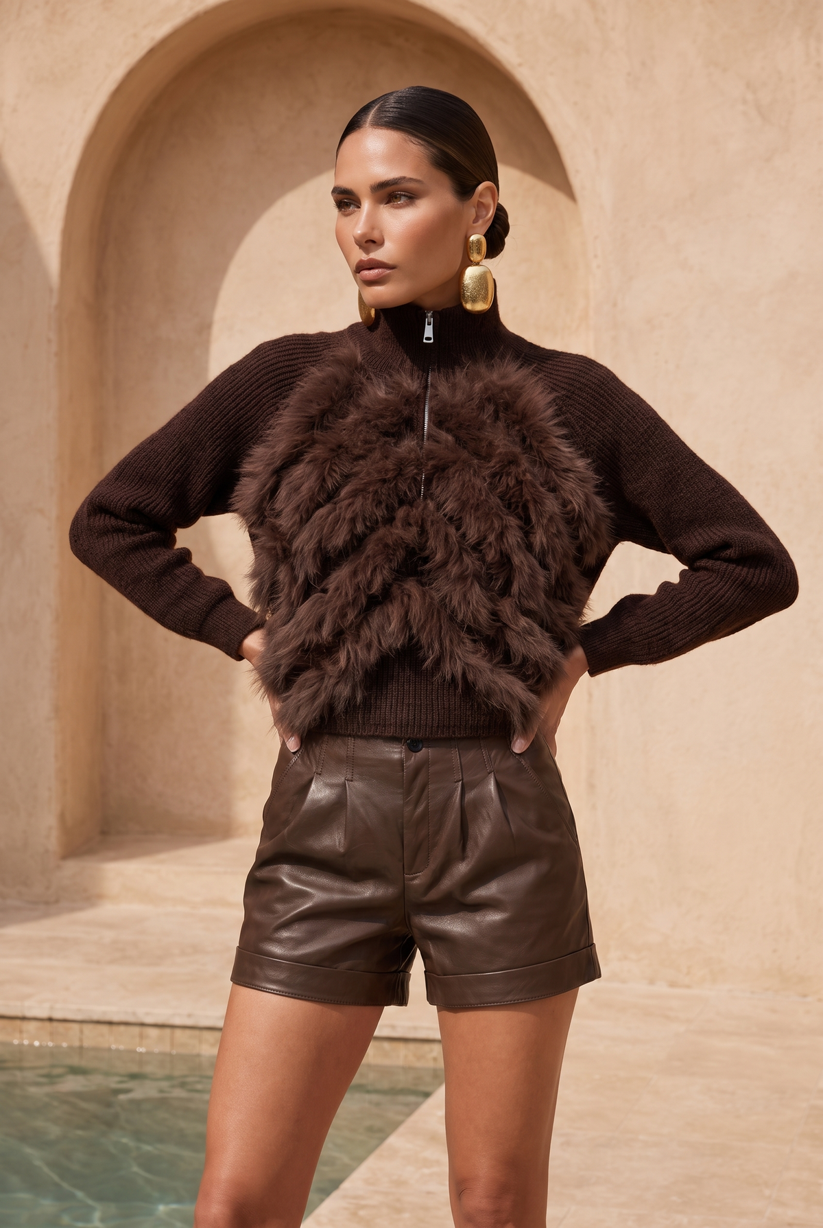 The On My Terms Fur Accent Zip Sweater in Brown