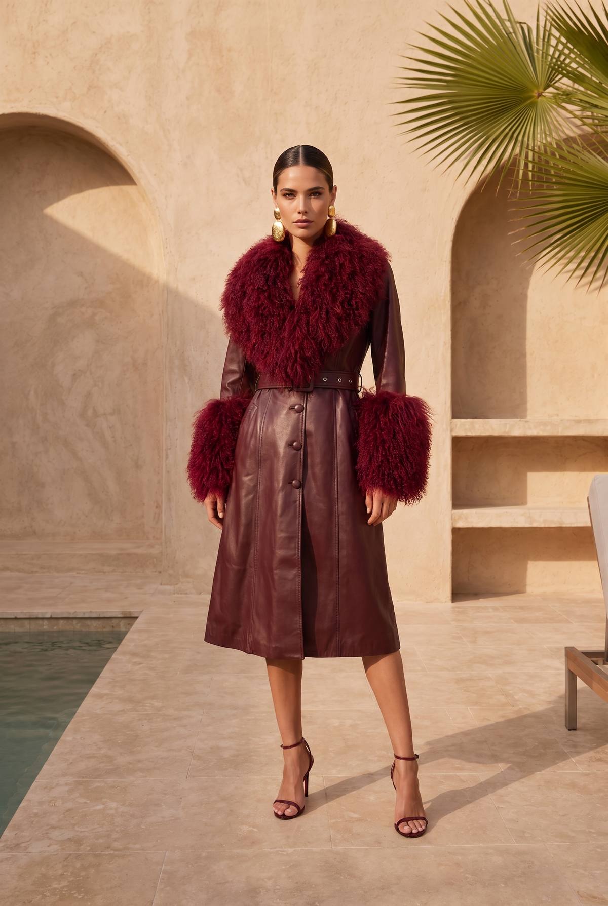 Blade Leather and  Mongolian Wool Coat in Burgundy