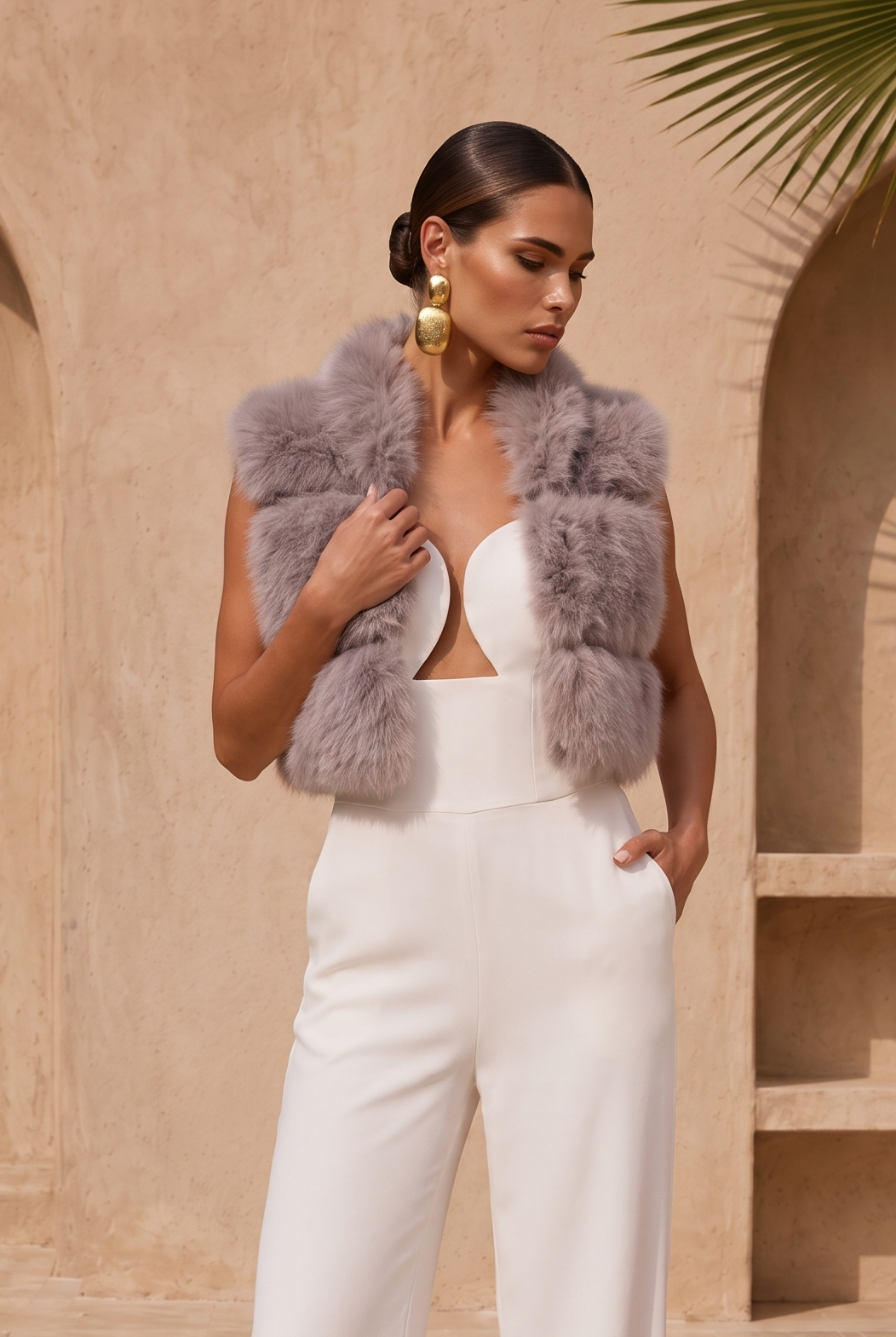 Nocturnal Nights Faux Fur Cropped Vest in Gray