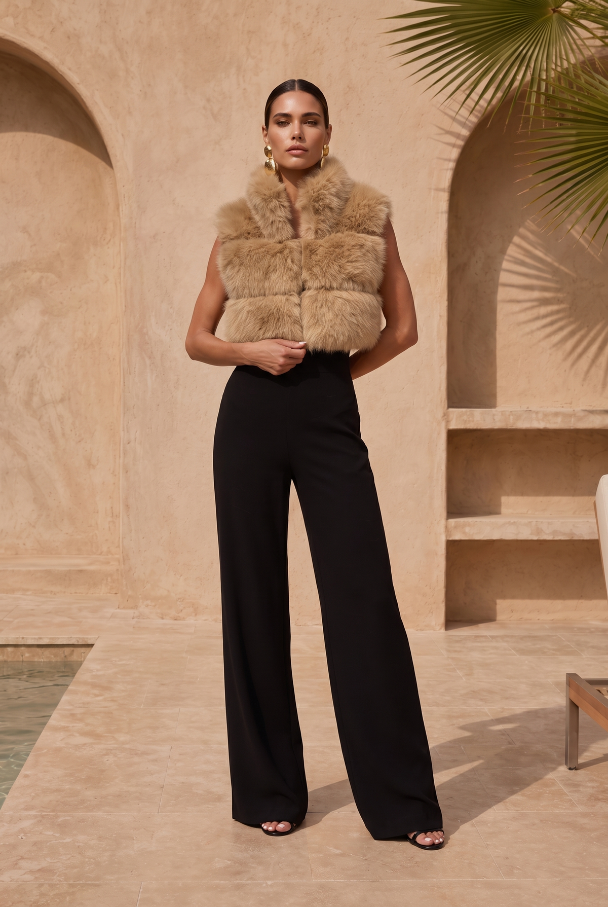Nocturnal Nights Faux Fur Cropped Vest in Tan