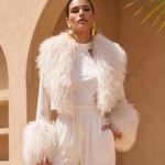 Awaken Leather and  Mongolian Wool Cropped Jacket in Beige