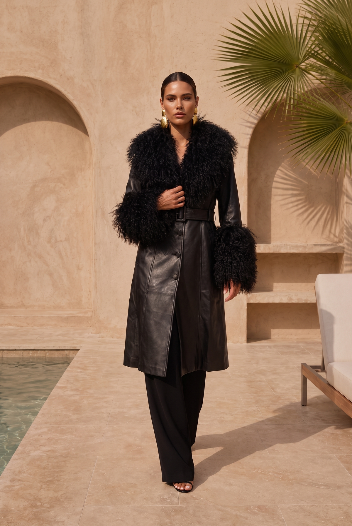 Blade Leather and  Mongolian Wool Coat in Black