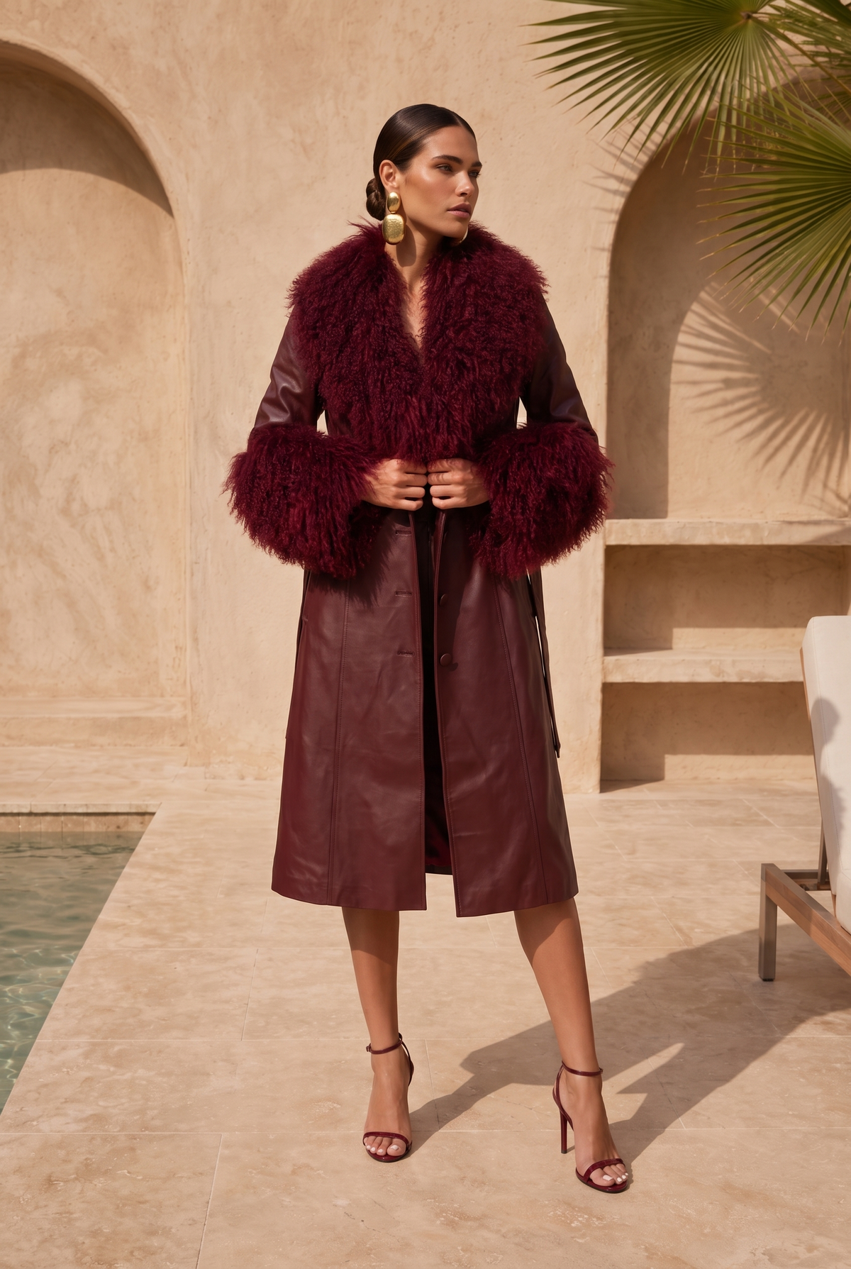 Blade Leather and  Mongolian Wool Coat in Burgundy