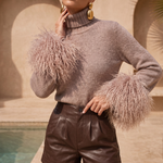 Hibernate Removable Mongolian Wool Cuff Turtleneck Sweater in Mocha