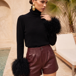 Hibernate Removable Mongolian Wool Cuff Turtleneck Sweater in Black