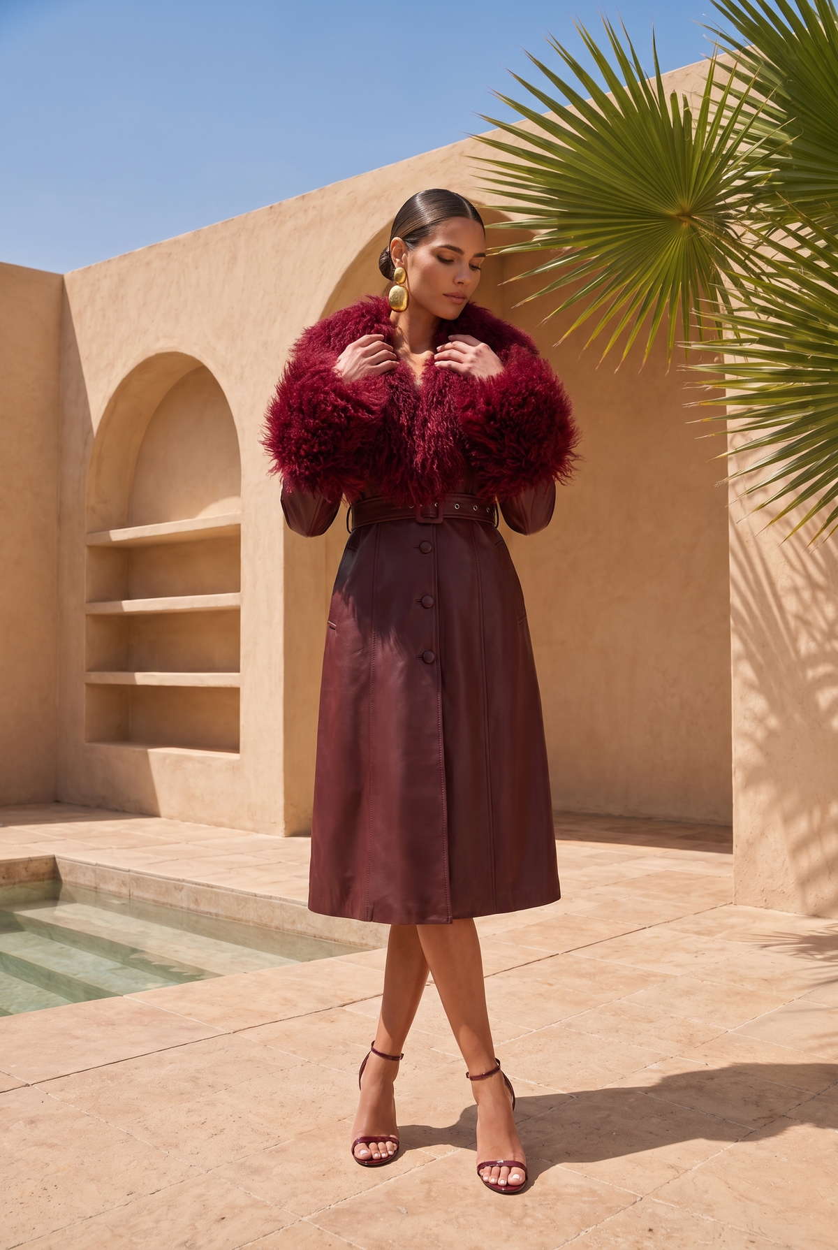 Blade Leather and  Mongolian Wool Coat in Burgundy