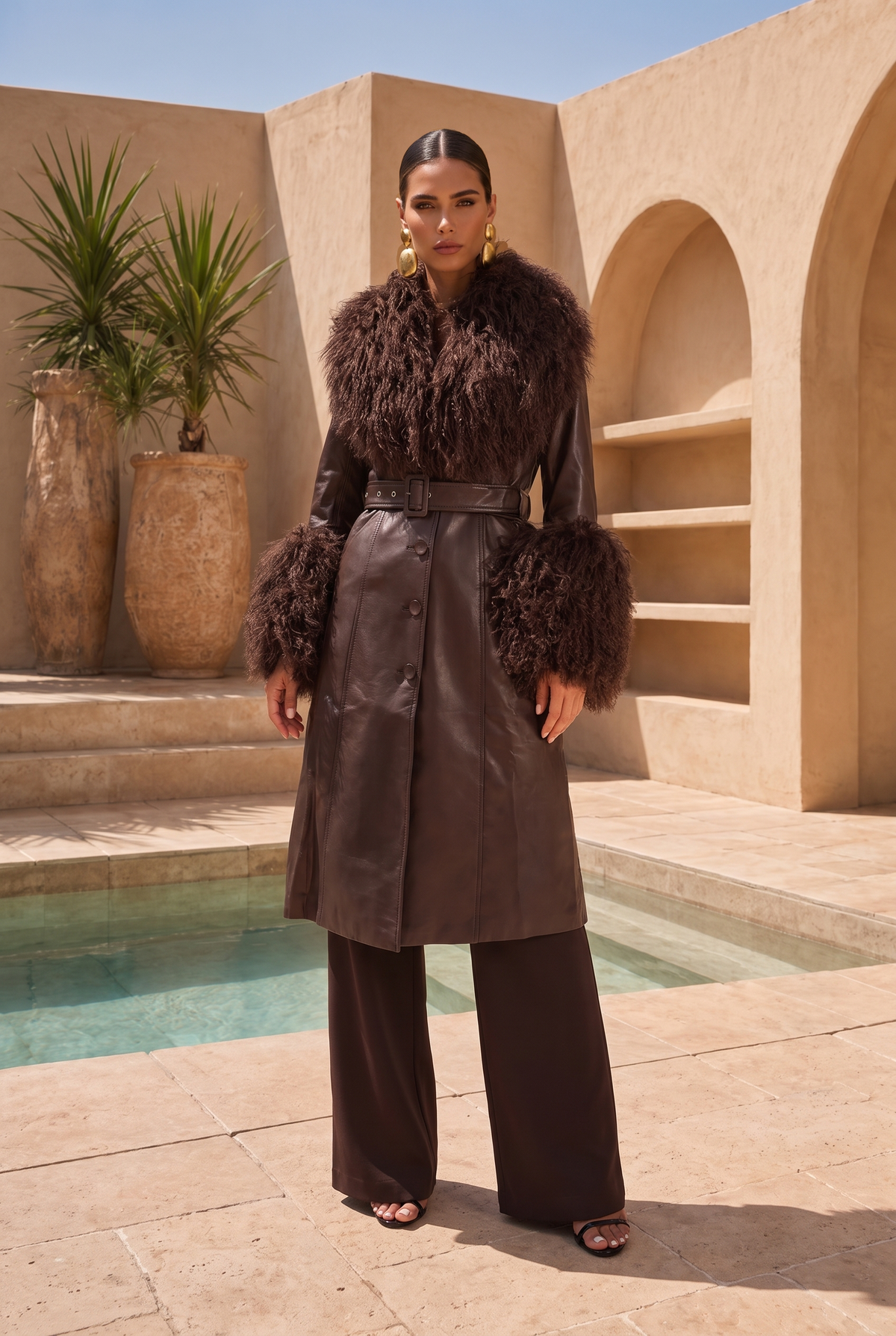 Blade Leather and  Mongolian Wool Coat in Brown