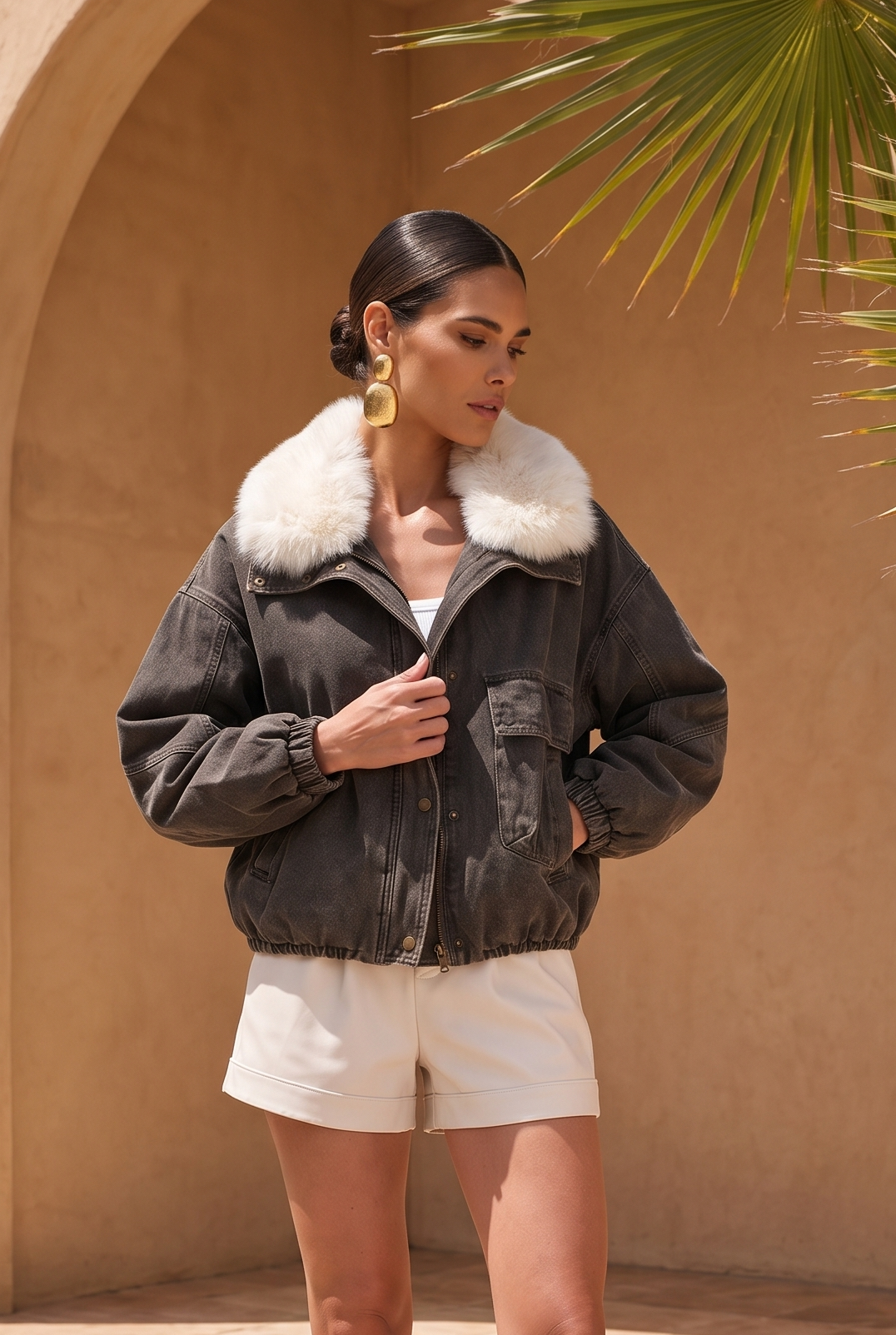 The Cold Shoulder Denim Goose Down Jacket in Brown
