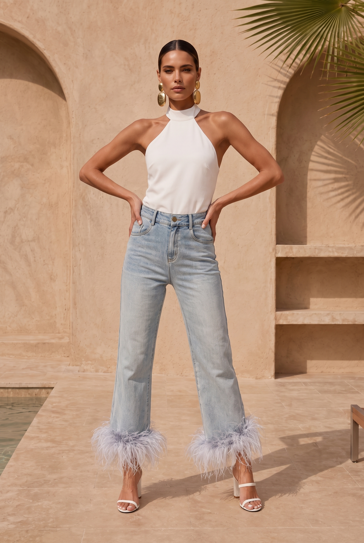 Fable denim feather trim jeans in Blue