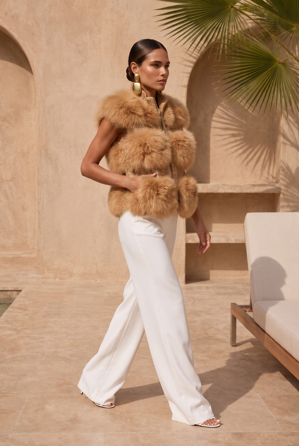 La Belle Tweed & Fur Vest in Tan