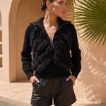 The On My Terms Fur Accent Zip Sweater in Black