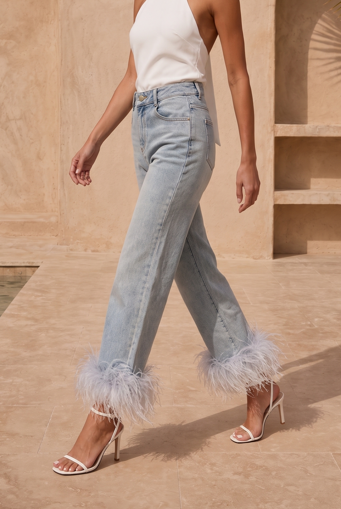 Fable denim feather trim jeans in Blue