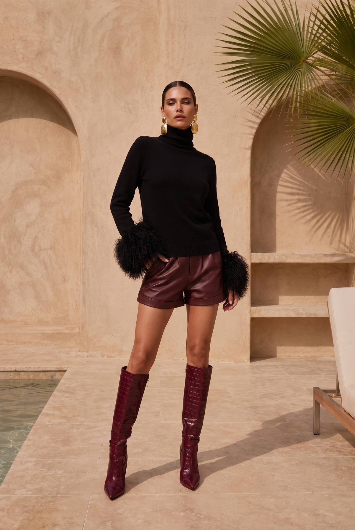 Hibernate Removable Mongolian Wool Cuff Turtleneck Sweater in Black
