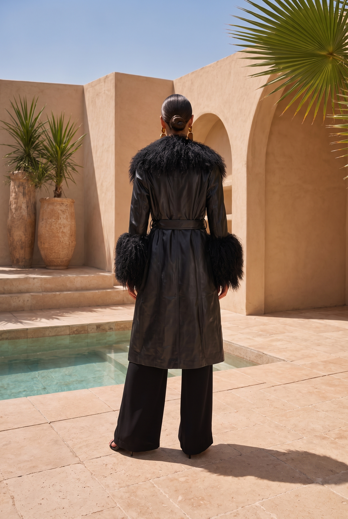 Blade Leather and  Mongolian Wool Coat in Black
