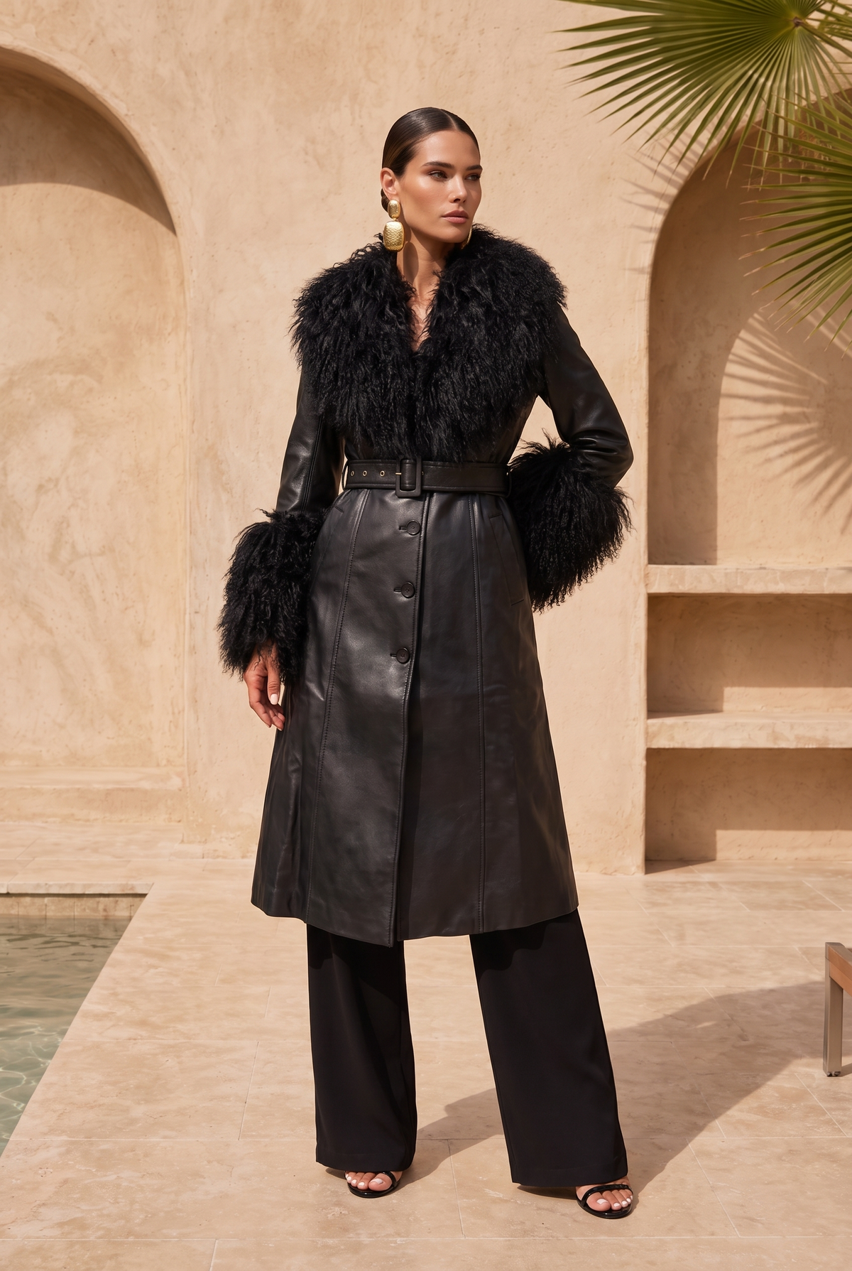 Blade Leather and  Mongolian Wool Coat in Black