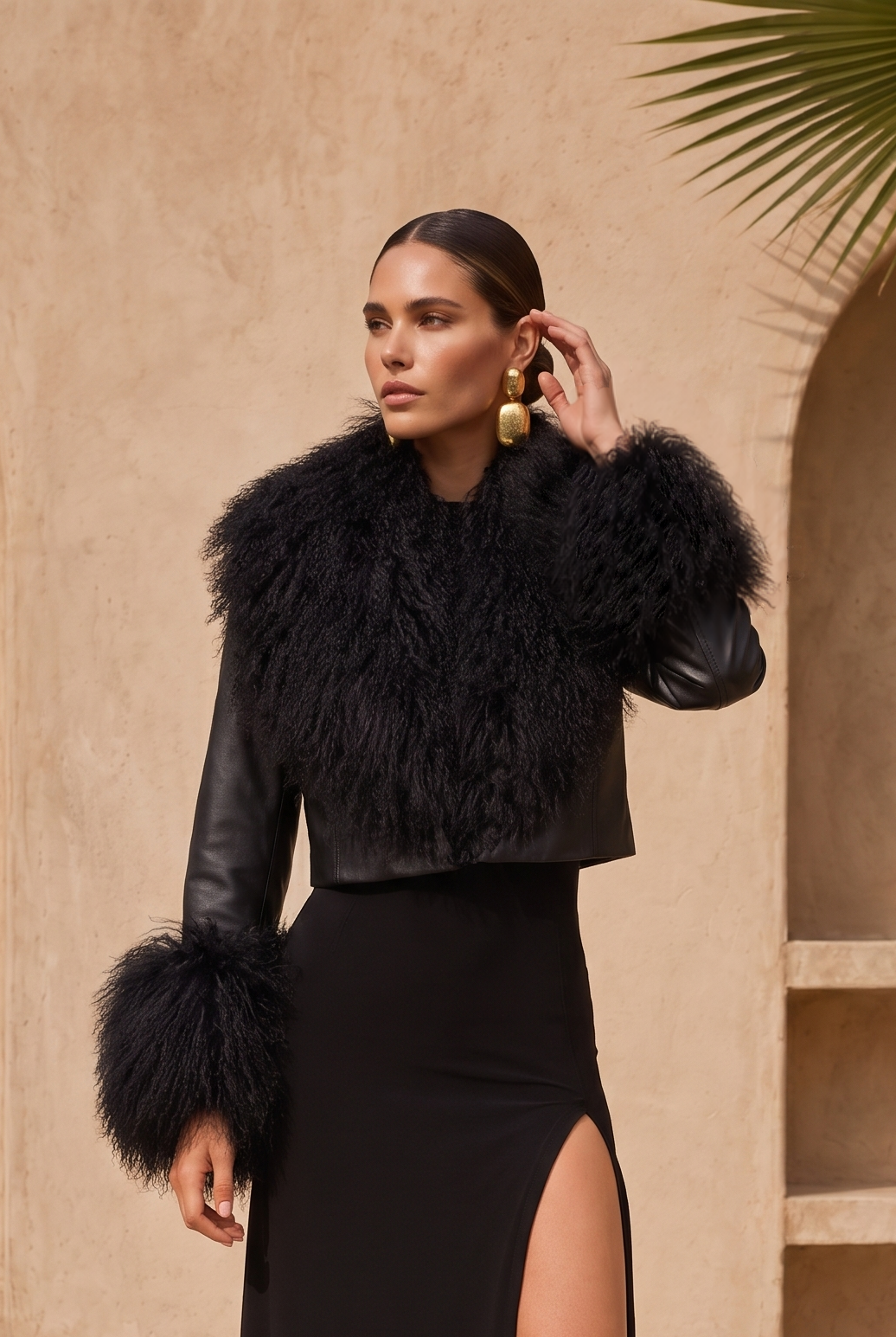 Awaken Leather and  Mongolian Wool Cropped Jacket in Black