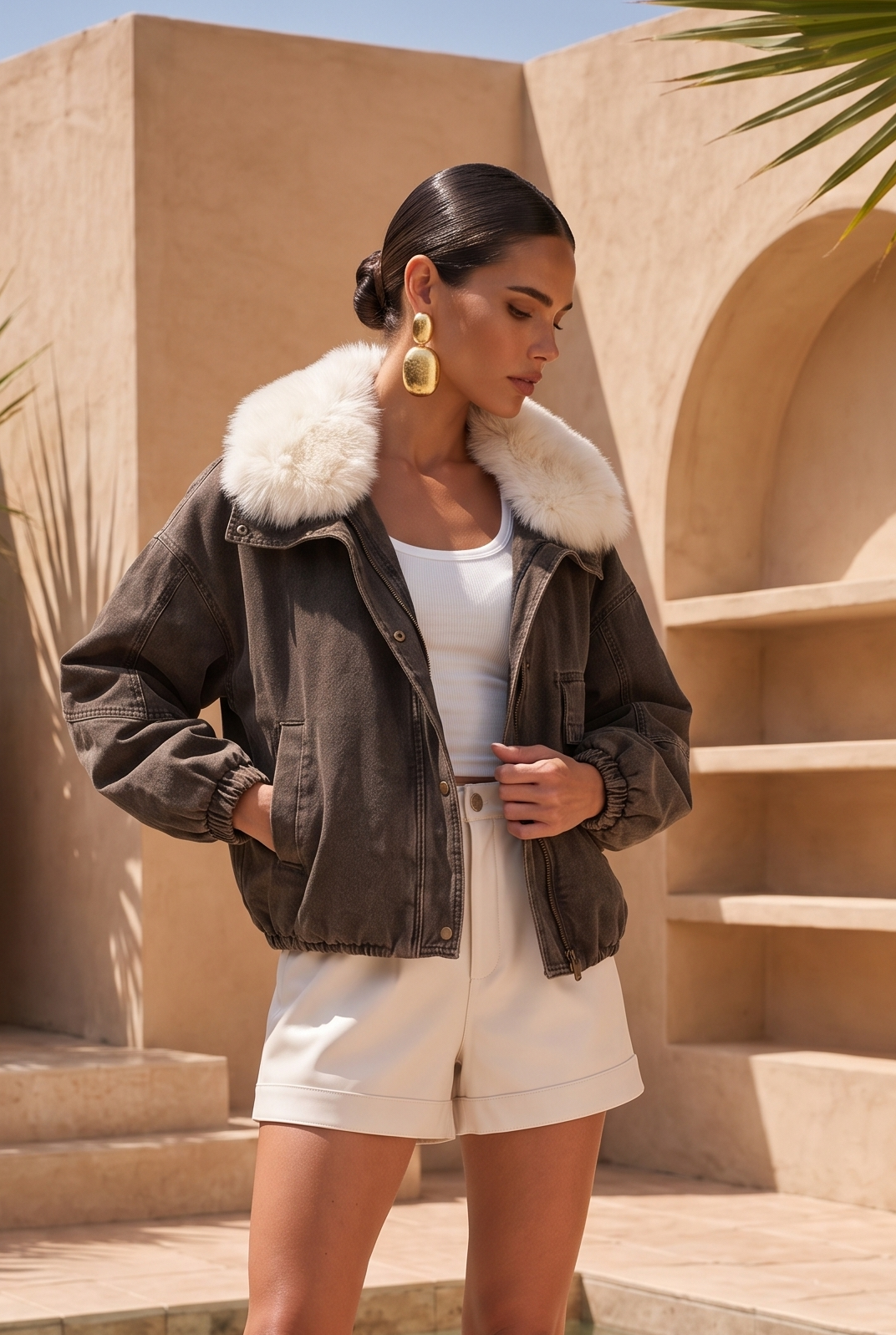 The Cold Shoulder Denim Goose Down Jacket in Brown