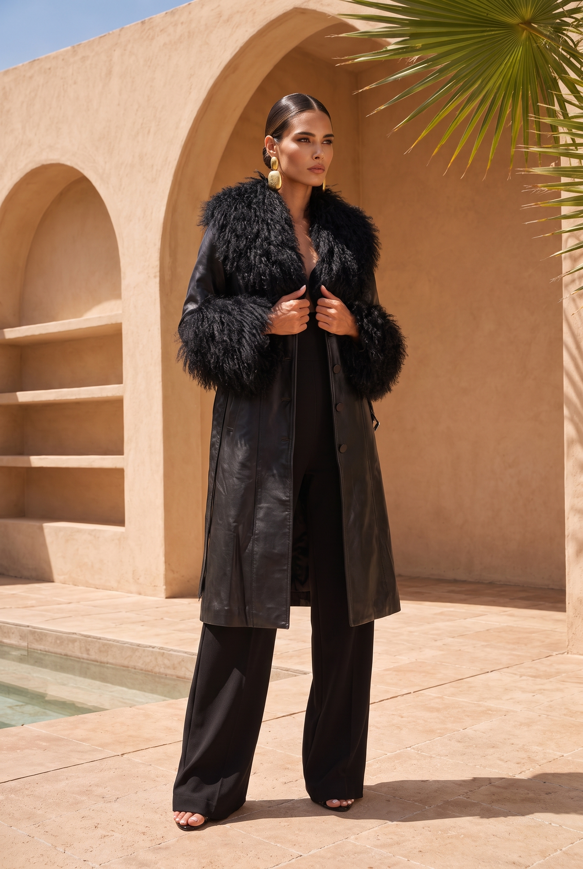Blade Leather and  Mongolian Wool Coat in Black