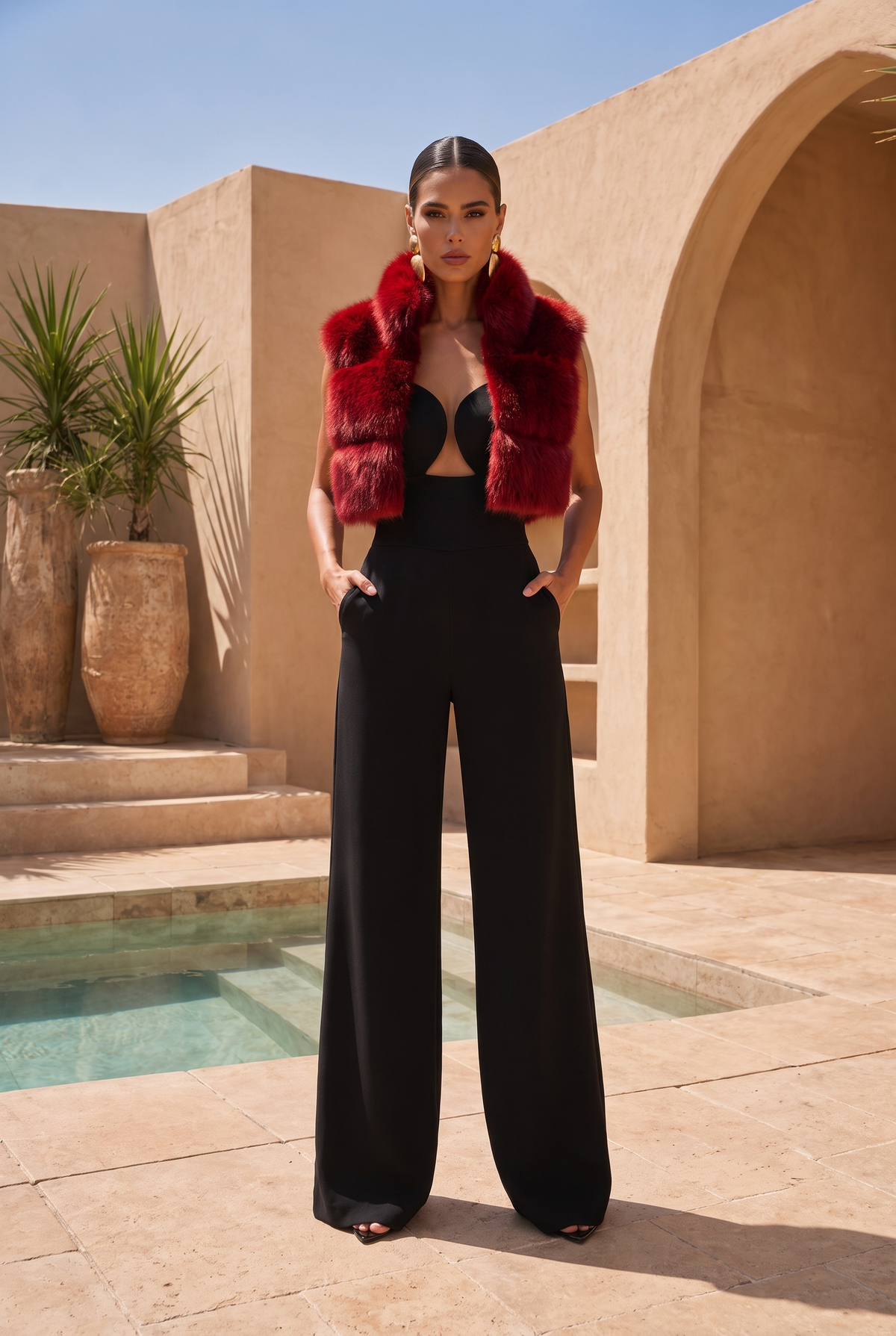 Nocturnal Nights Faux Fur Cropped Vest in Burgundy