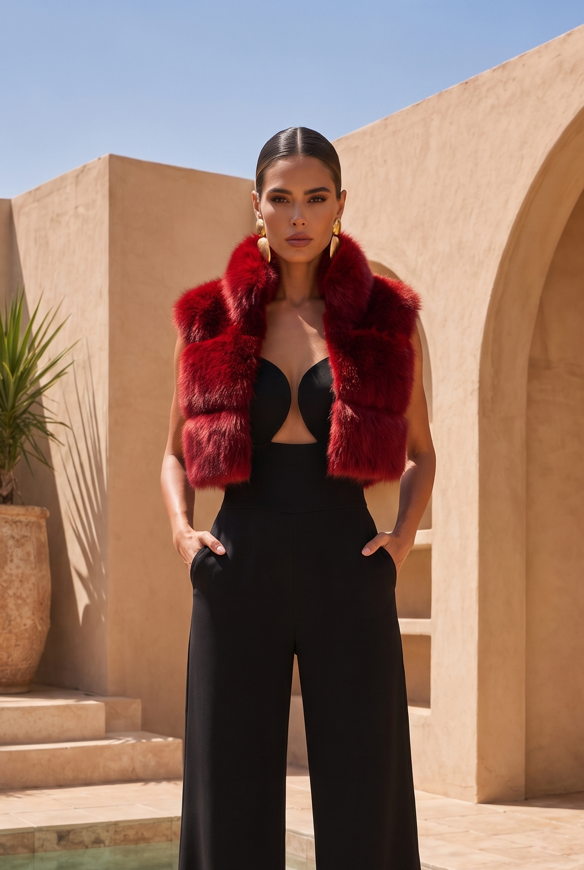 Nocturnal Nights Faux Fur Cropped Vest in Burgundy