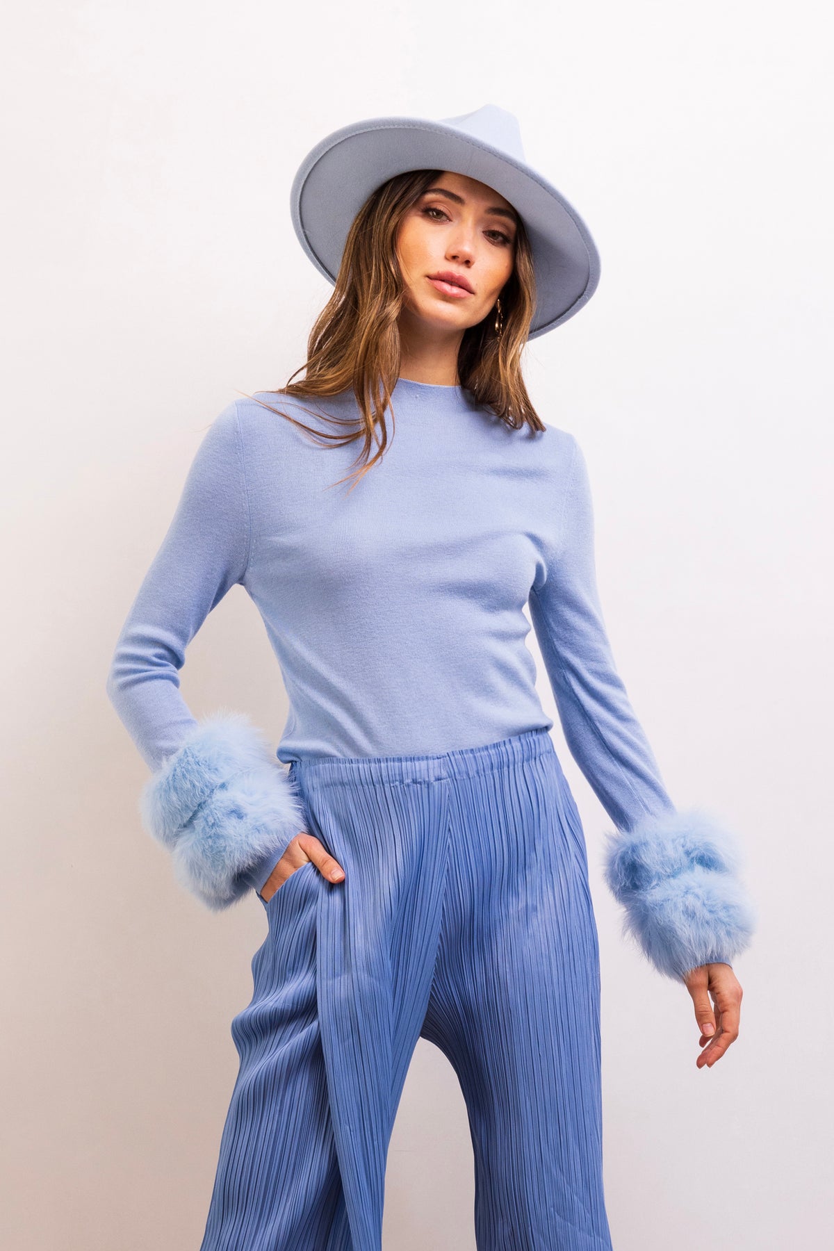 Samara Removable Fur Cuff Wool Sweater in Baby Blue