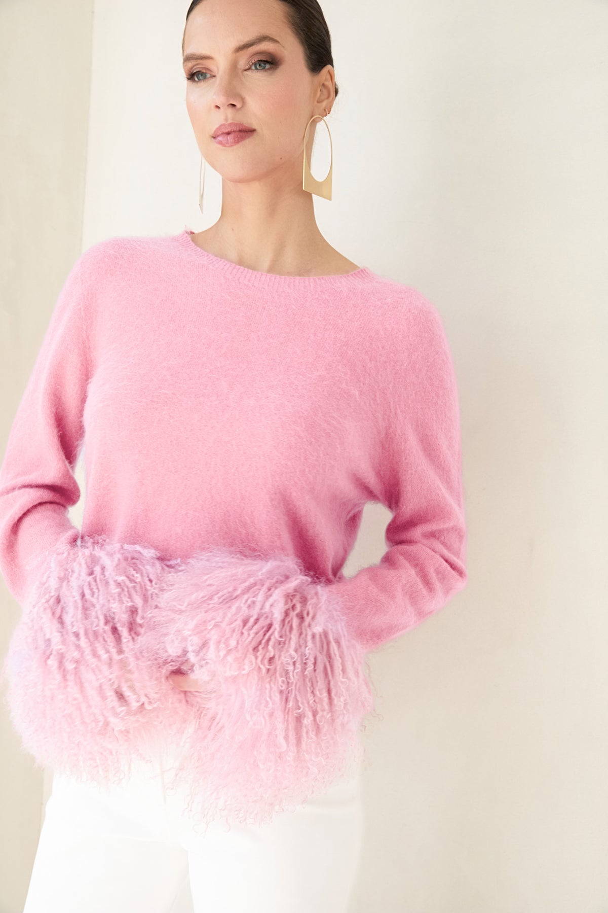 Sunrise Removable Wool Cuff Cashmere Sweater in Baby Pink