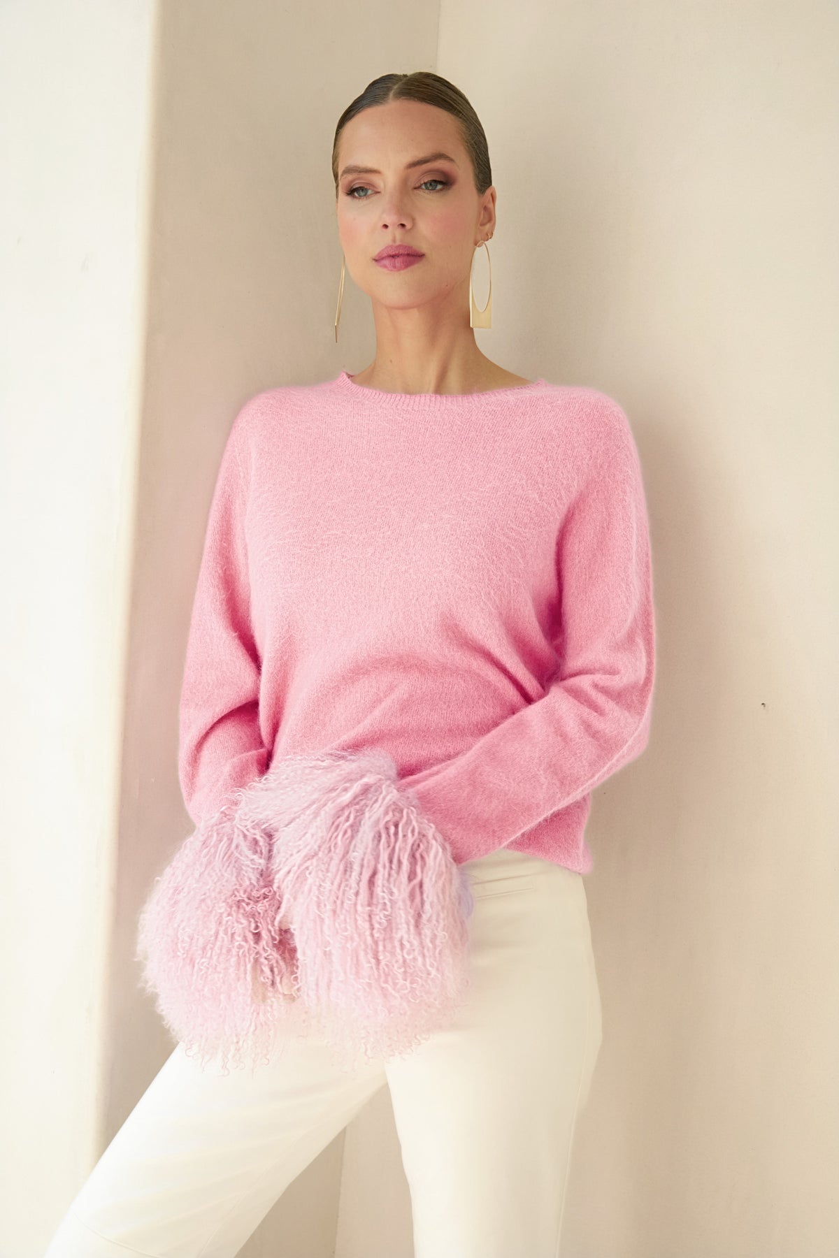 Sunrise Removable Wool Cuff Cashmere Sweater in Baby Pink