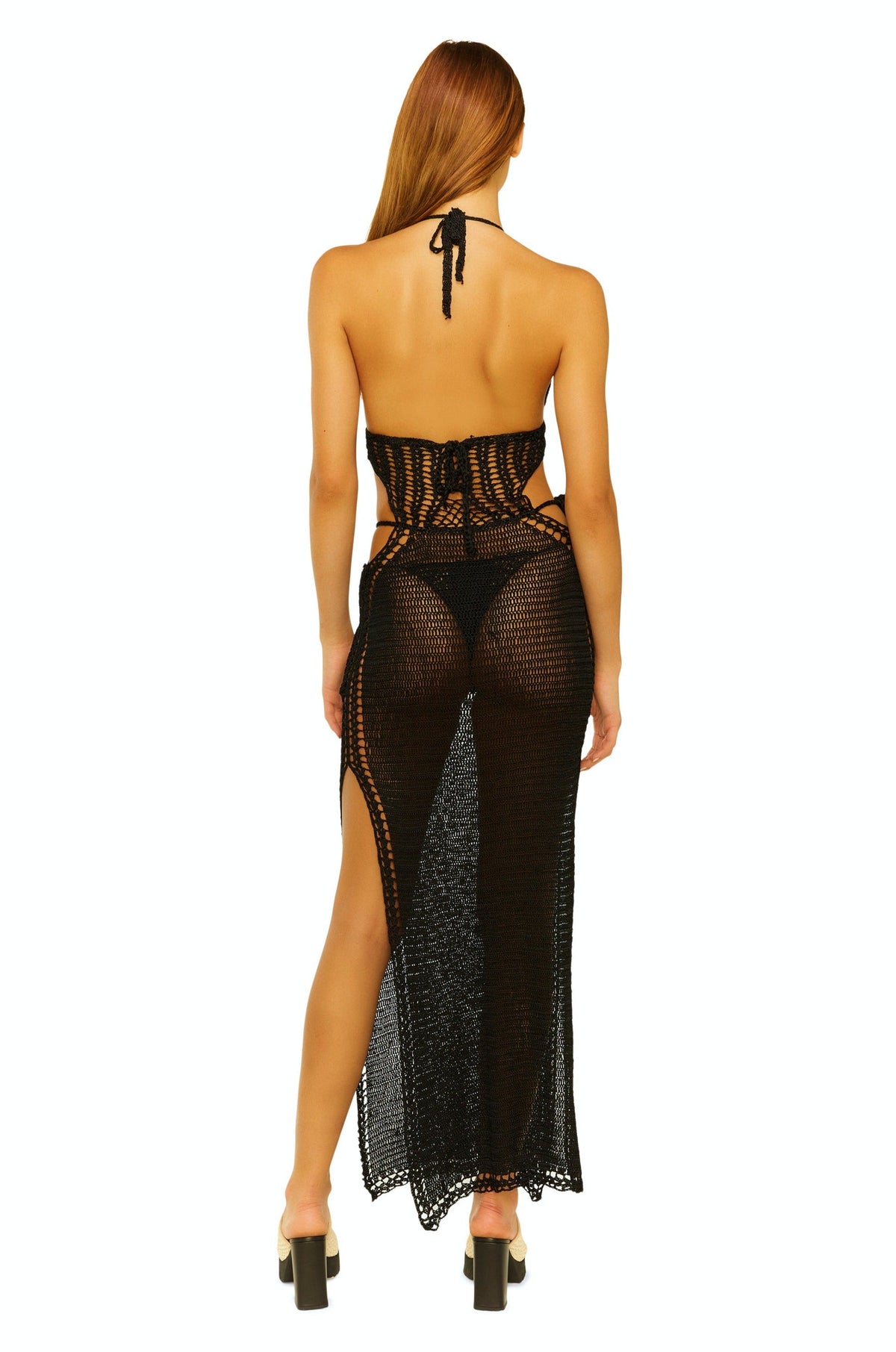 Wide Eyed Girl Long Crochet Maxi Dress in Black Metallic