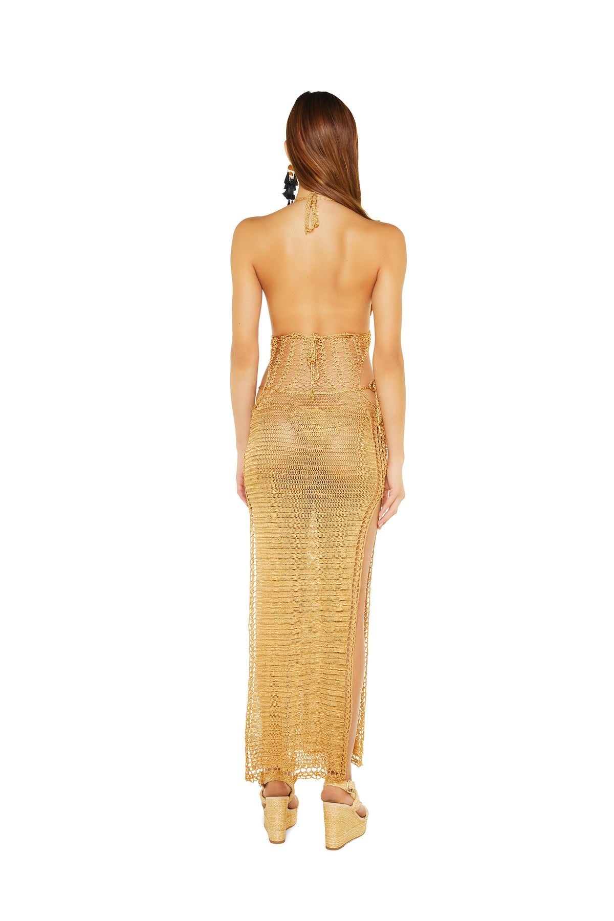 Wide Eyed Girl Long Crochet Maxi Dress in Gold Metallic