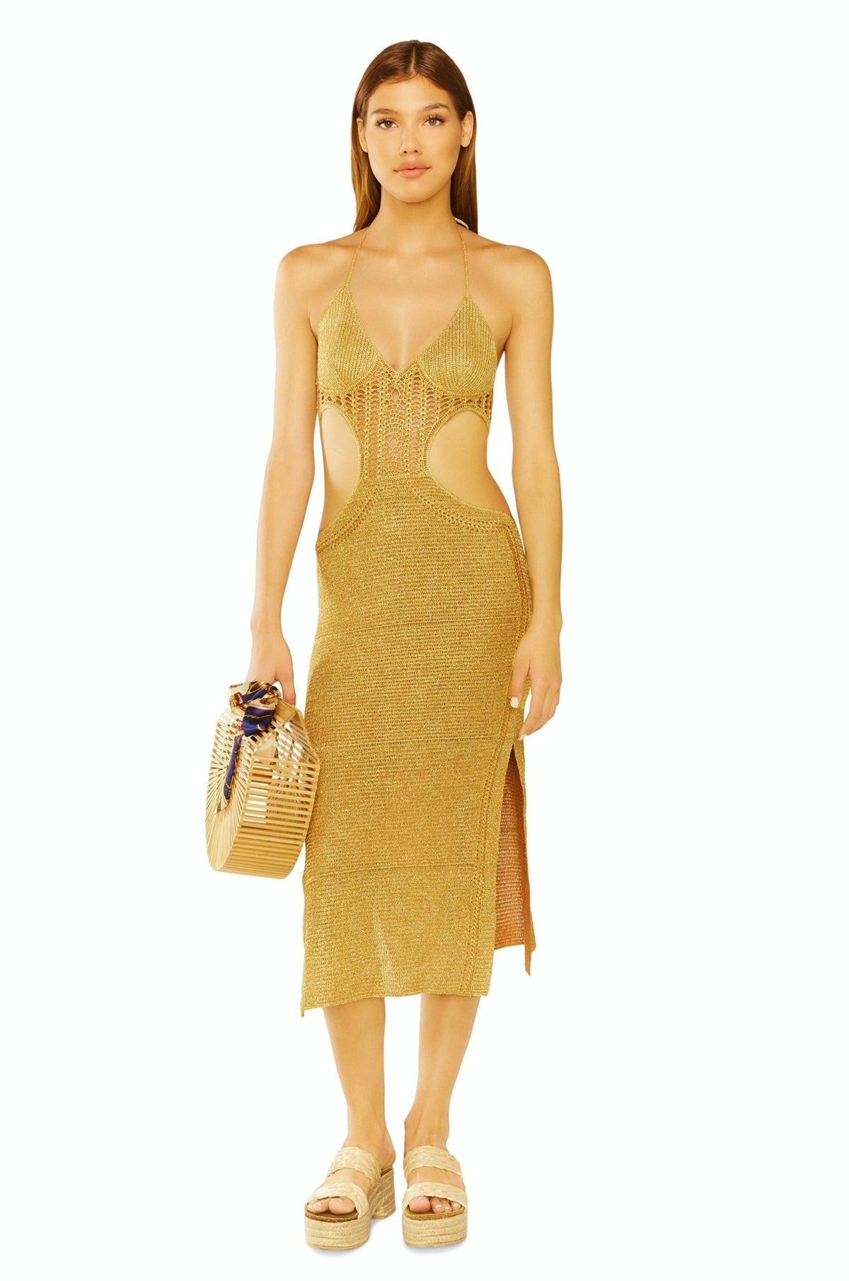 Always Devotion Crochet Midi Dress in Gold Metallic