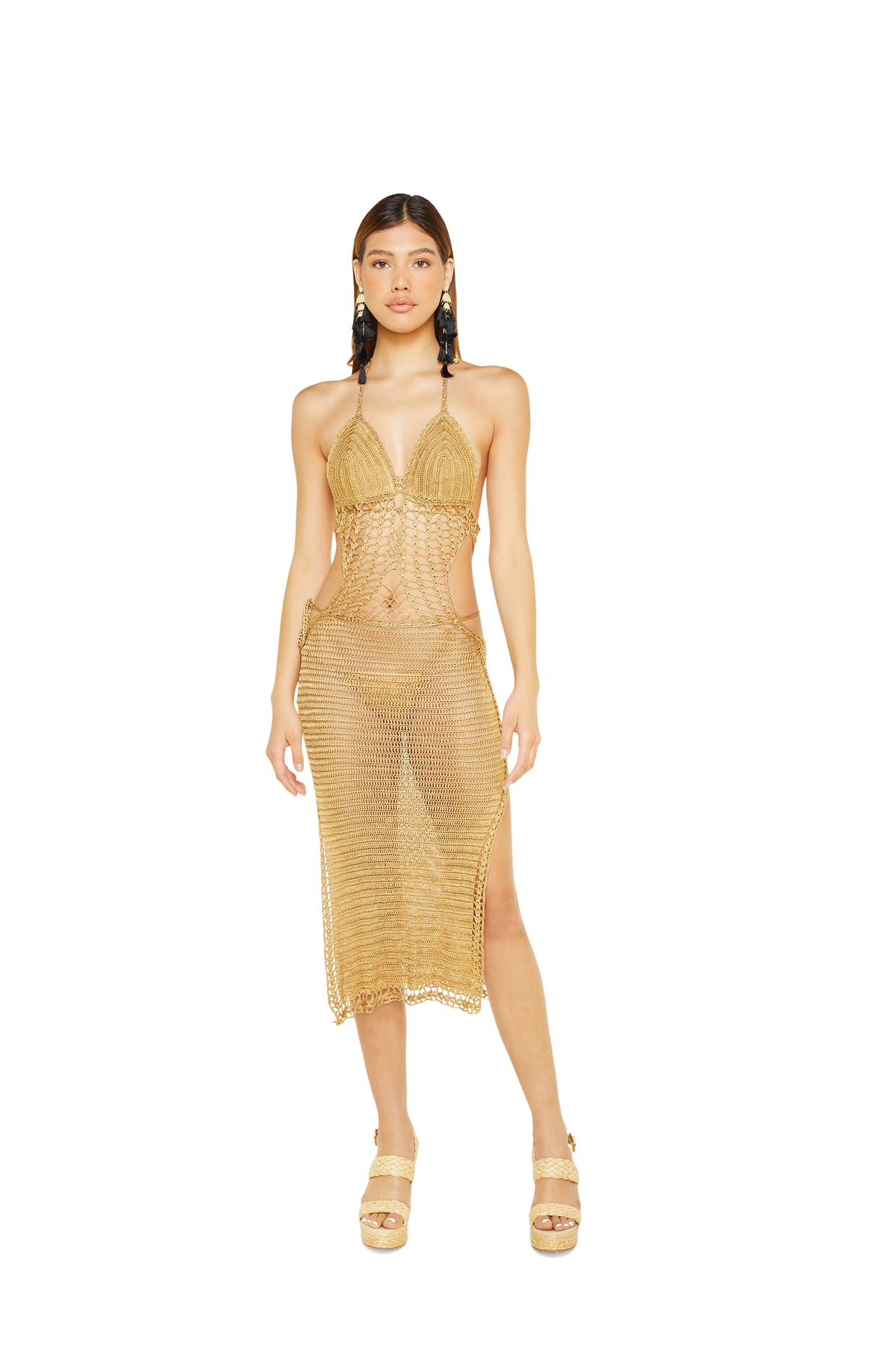 Wide Eyed Girl Crochet Midi Dress in Gold Metallic