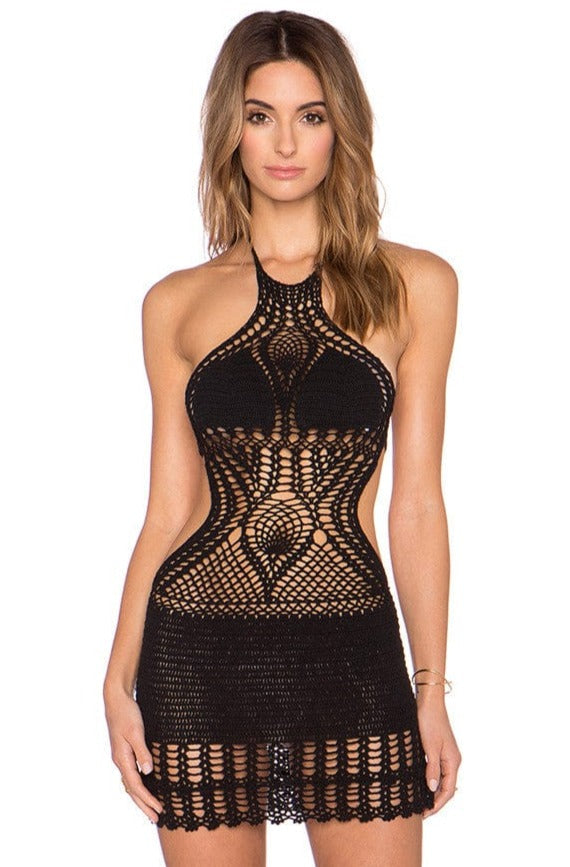 The Follow Through Crochet Halter Mini Dress in Black
